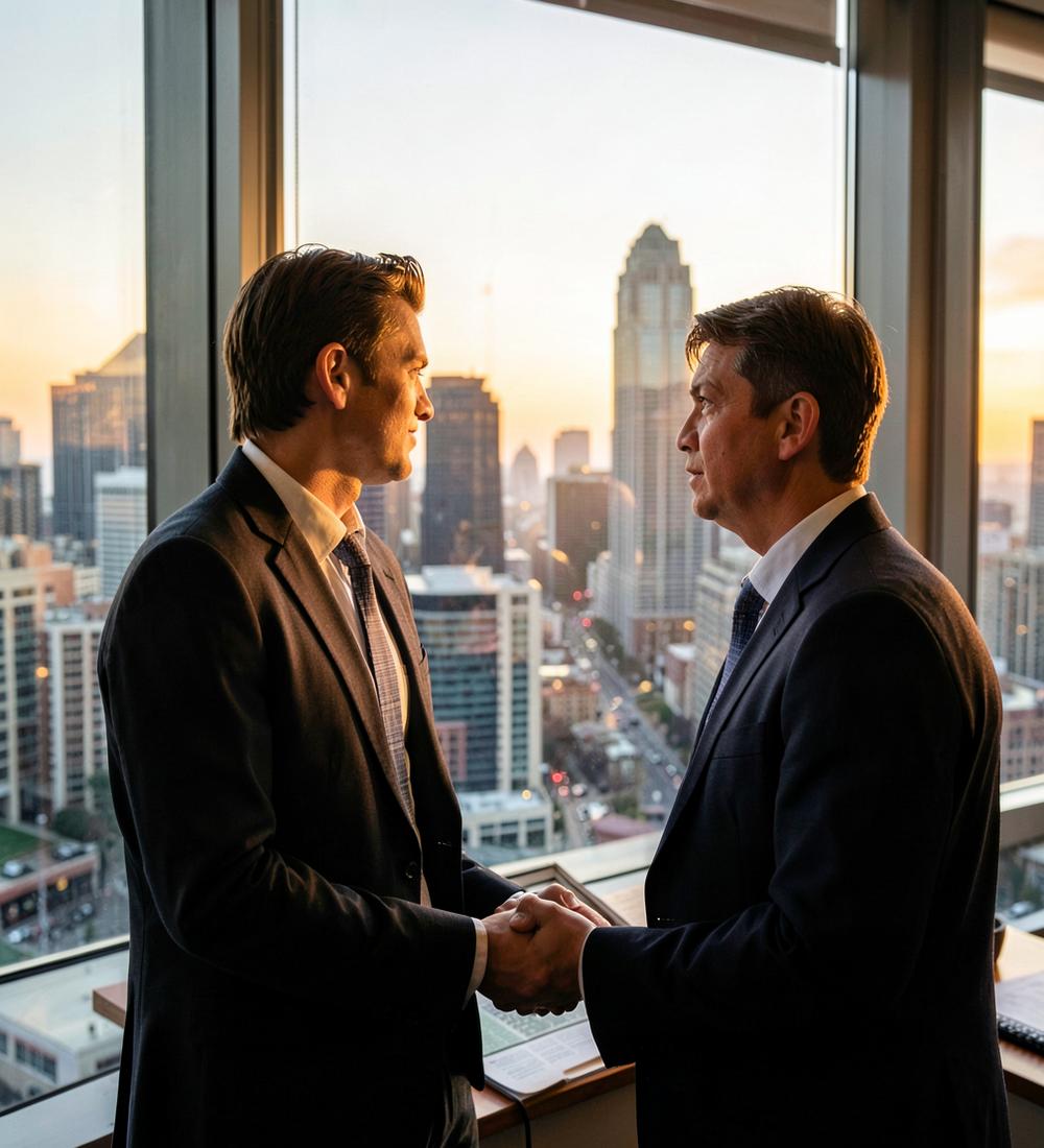 Young professionals in a city office at golden hour