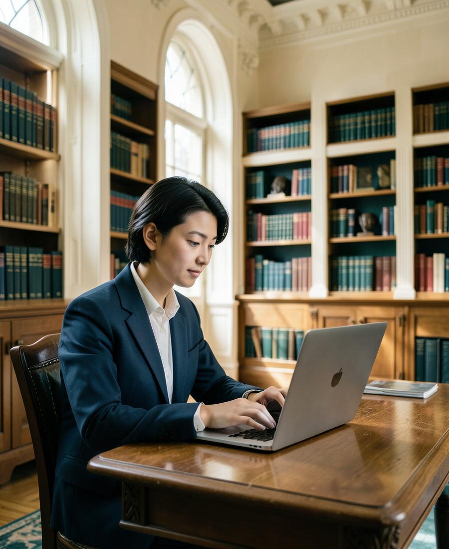 International student studying on a laptop in a university library