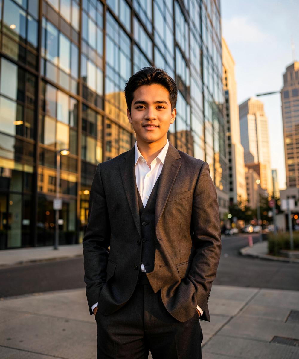 Confident young professional outside a city office
